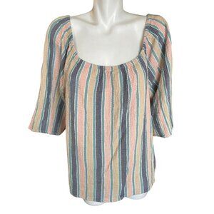 Angels Off Shoulder Top Women's Size 2X Peach Green Gray Striped Cotton